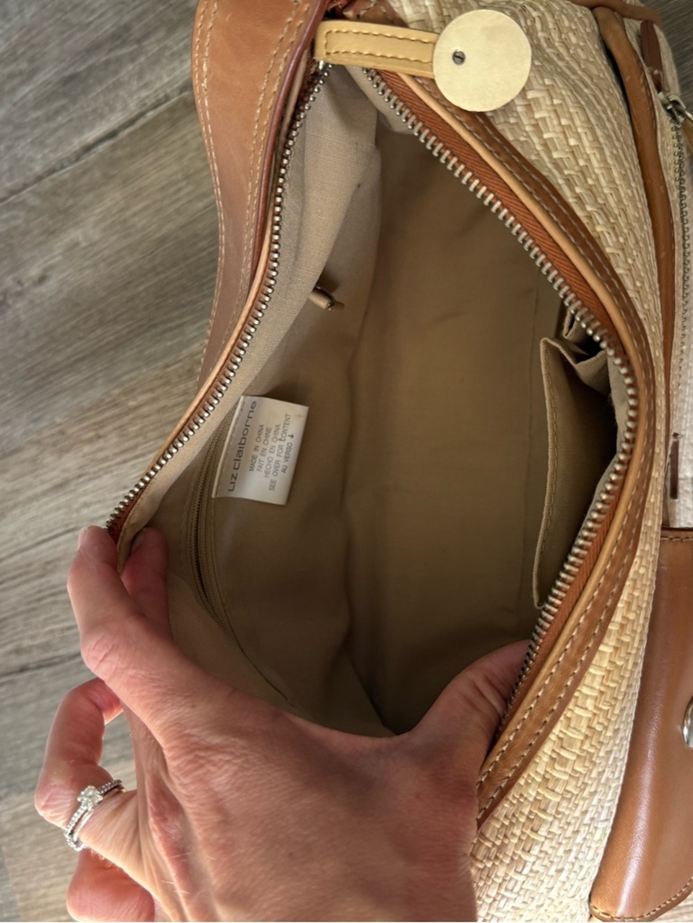 VTG Liz Claiborne Woven Beige Tan Straw Shoulder Bag Brown Trim Grandma Core S M - Picture 10 of 15